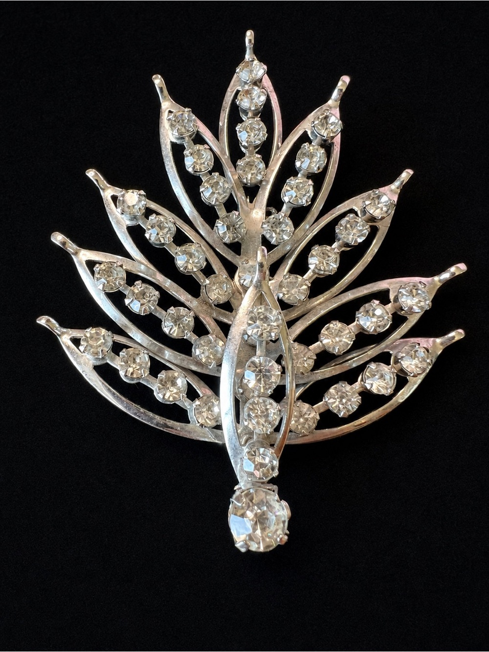 Vintage European Rhinestone Feather Plume Brooch Trombone Clasp 3”
